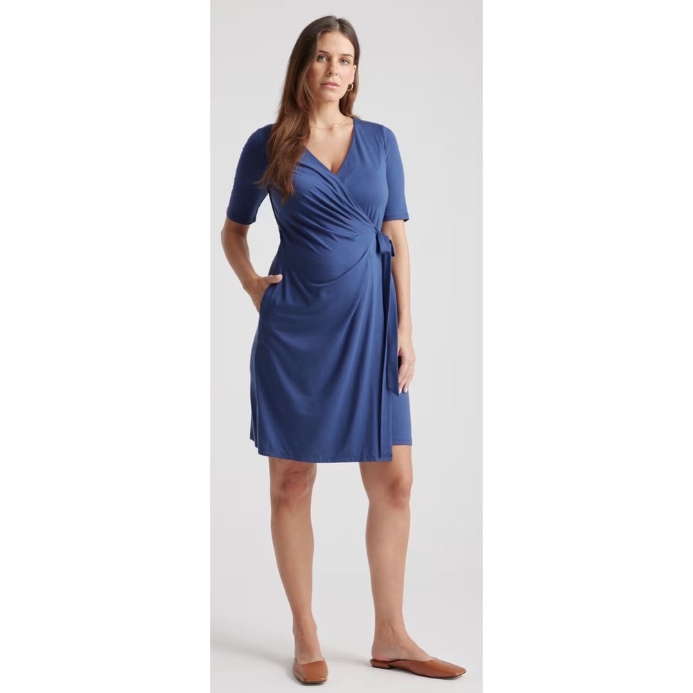 Quince Tencel Jersey Maternity & Nursing Wrap Dress Navy Blue Small LB30602